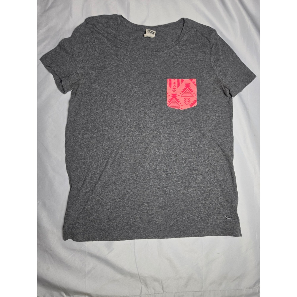 Victoria's Secret PINK Gray Heather T-Shirt Neon Tribal Pocket Large